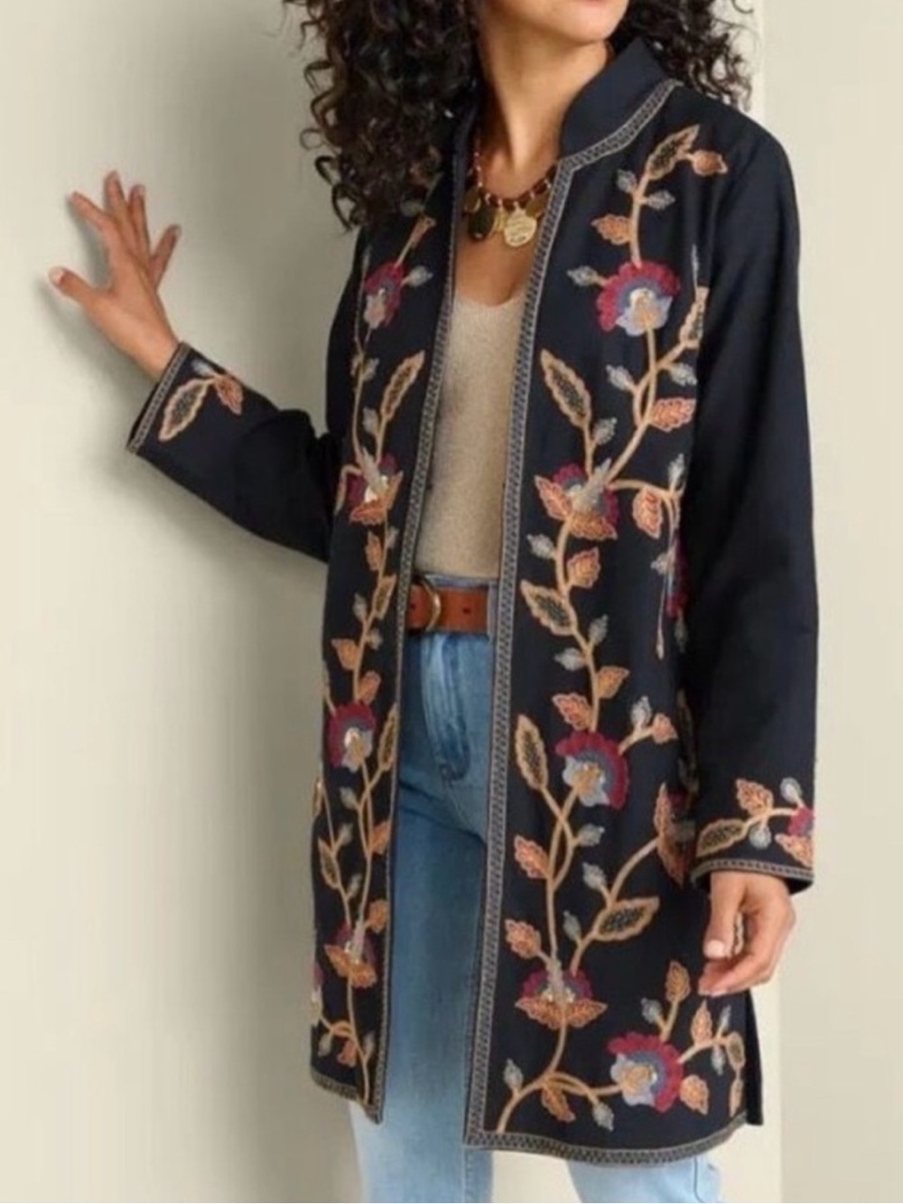 Soft Surroundings Womn S Black Boho Floral Embroidered Beaded Alamosa Jacket NWT